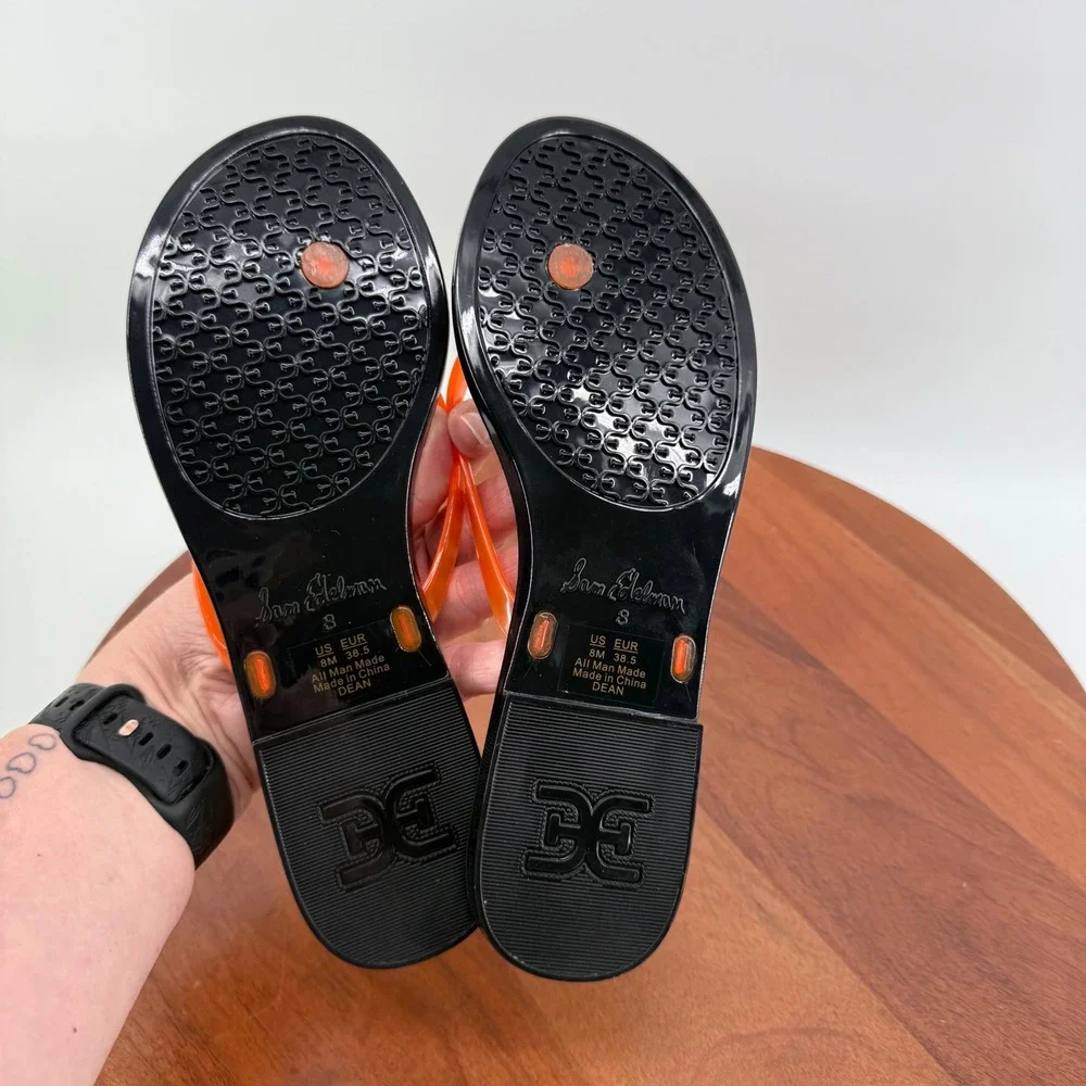 Sam Edelman Dean Jelly Thong Sandals  Black Orange/Red Clear Flip Flops Womens 8